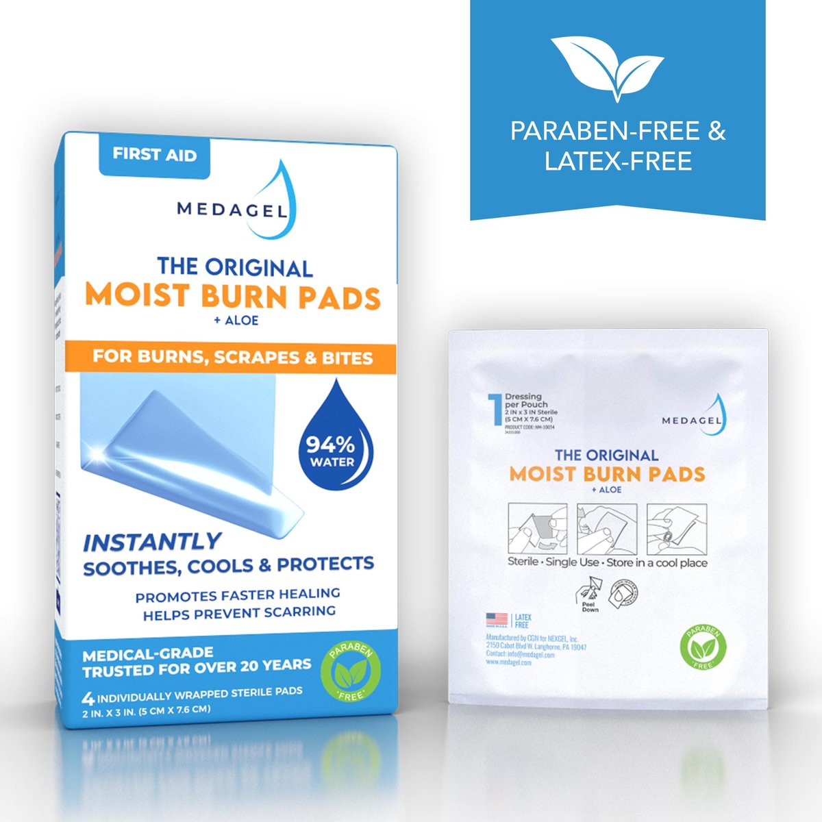 Medagel Original Moist Burn Pad – Hydrogel-Heilpflaster, beruhigende & feuchtigkeitsspendende Hautpflege für Verbrennungen & Wunden, 2x3 Zoll Verband