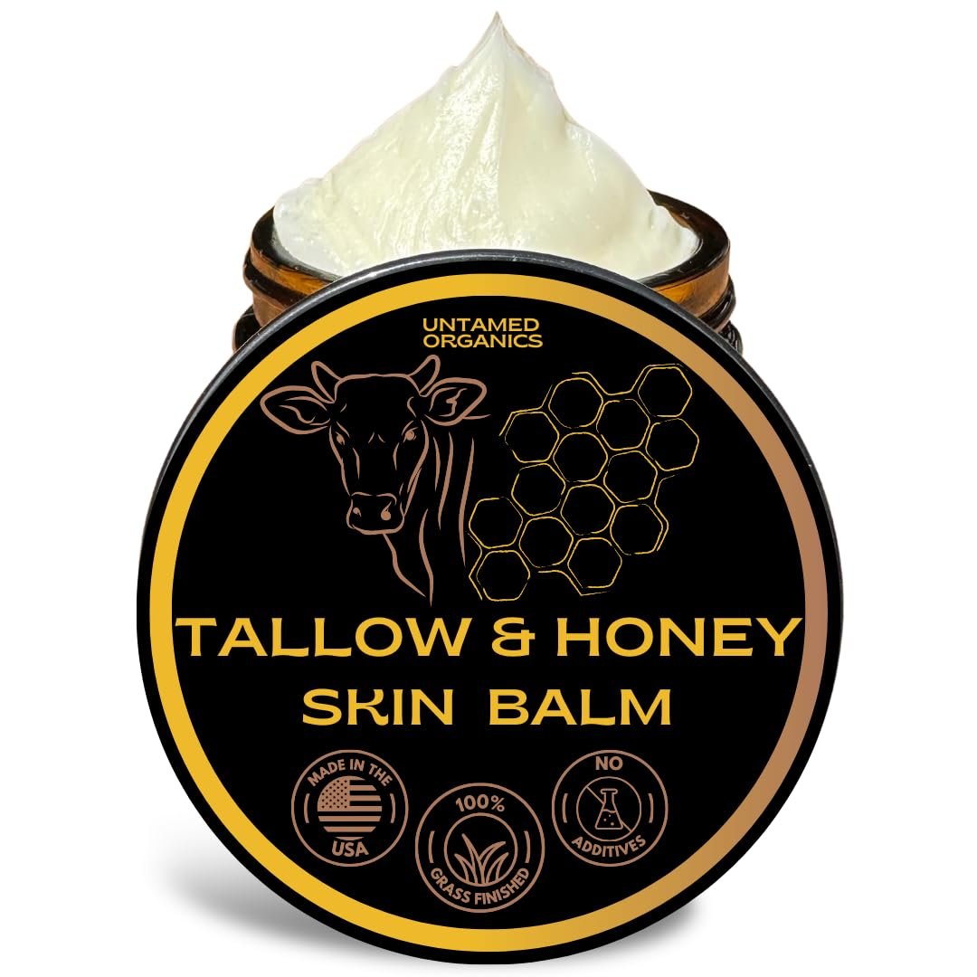 Untamed Organics Handgemachter Tallow & Honig Hautbalsam | 100% Weidegefüttertes Rinderfett + Roher Wildhonig | Allzweck-Gesichts- und Körperfeuchtigkeitscreme für empfindliche Haut, 60 ml (Unparfümiert)