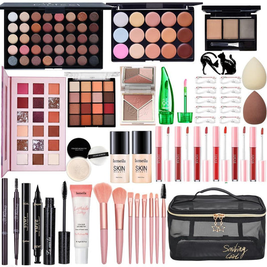 All-in-One Makeup Set für Frauen – Komplettes Make-up-Geschenkset mit Foundation, Primer, Lidschatten, Konturenpalette, Lippenstift, Eyeliner, Mascara und Pinselset
