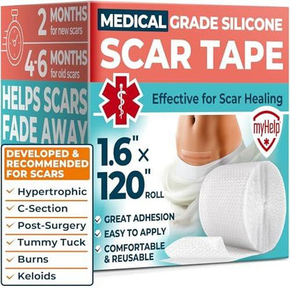 MYHELP Medizinisches Silikon-Narbenband - Transparent (1,6" x 120") - Sichtbare Verbesserung bei Operations- und Keloidnarben - Wiederverwendbare Silikon-Narbenfolien - Einfach zu verwendendes Silikonband für Narben