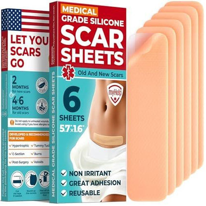 MYHELP Medizinische Silikon-Narbenpflaster – 6er-Pack (14,5 cm x 4,1 cm) – Sichtbare Verbesserung bei Operations- und Keloidnarben – Wiederverwendbare C-Section Silikonstreifen – Einfach anzuwenden
