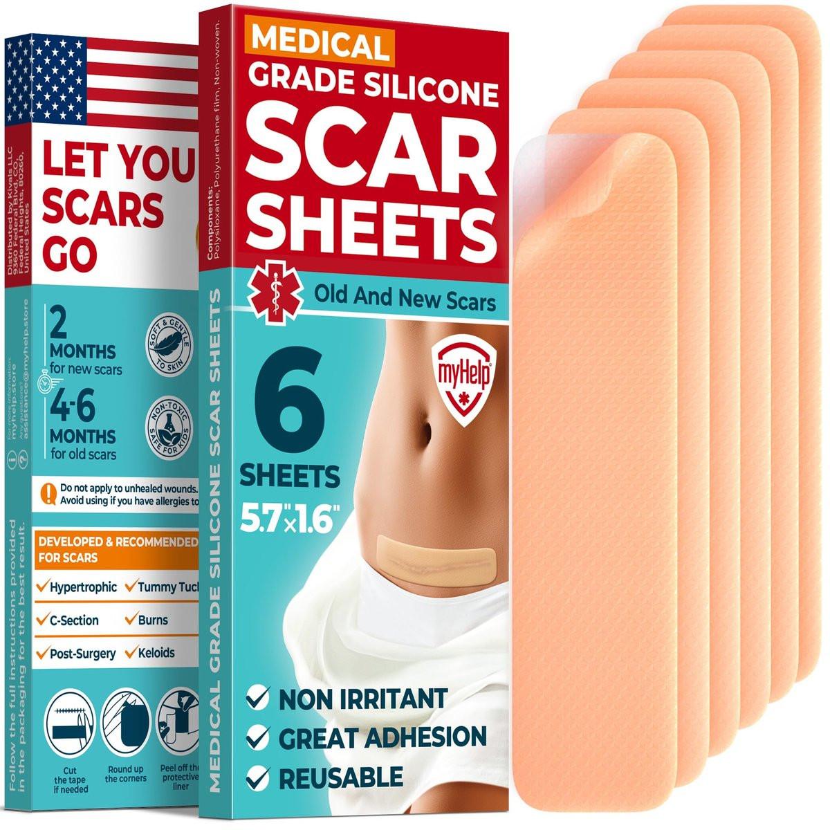 MYHELP Medizinische Silikon-Narbenpflaster – 6er-Pack (14,5 cm x 4,1 cm) – Sichtbare Verbesserung bei Operations- und Keloidnarben – Wiederverwendbare C-Section Silikonstreifen – Einfach anzuwenden