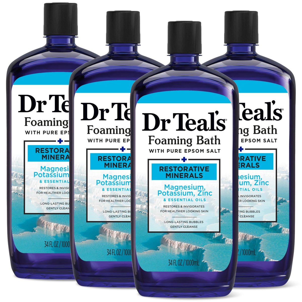 Dr Teal's Schaumbad mit reinem Bittersalz, Regenerierende Mineralien mit Magnesium, Kalium, Zink & ätherischen Ölen, 34 fl oz (Packung mit 4)