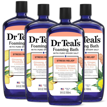 Dr Teal's Schaumbad mit reinem Bittersalz, Stressabbau mit Ginseng & Ingwer, 34 Fl Oz (4er-Pack)