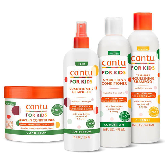 Cantu Care for Kids Haarpflege-Set mit großer Flasche Shampoo + Conditioner + Entwirrer + Leave-In Conditioner (4er-Pack)