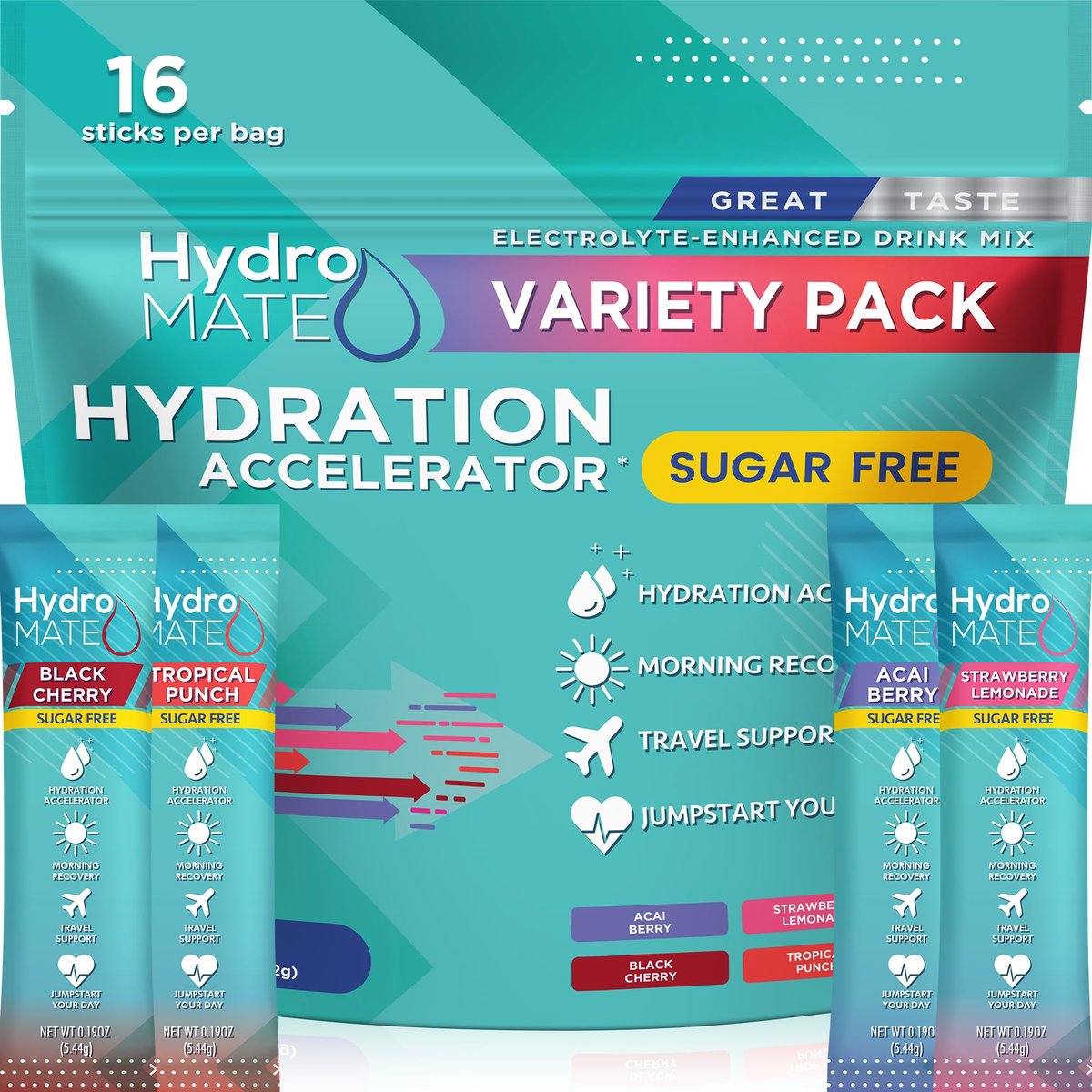 Electrolyte Pulver Zuckerfrei Hydration Packets Sortenvielfalt HydroMATE 16 Sticks