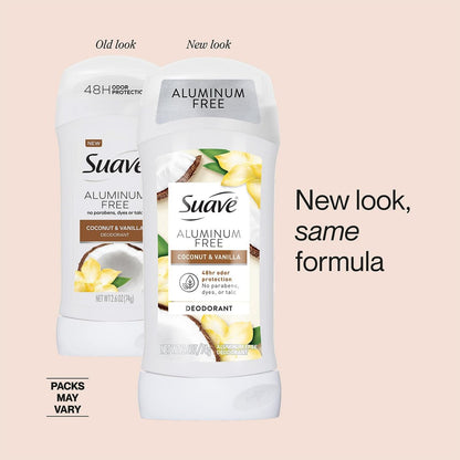 Suave Deodorant für Frauen ohne Aluminium, 2er-Pack, Kokosnuss & Vanille, 2,6 Oz pro Stück