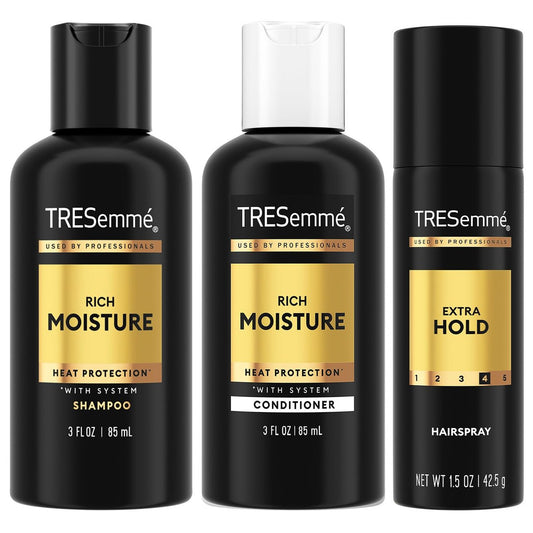 TRESemmé Reiseset für die Haarpflege – Feuchtigkeitsshampoo, Spülung & Haarspray mit extra starkem Halt für Hitzeschutz & 24h Frizz-Kontrolle