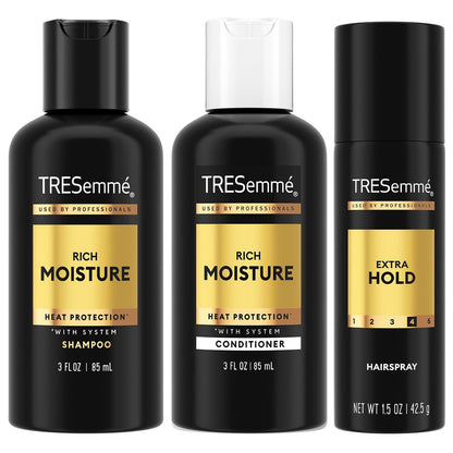 TRESemmé Reiseset für die Haarpflege – Feuchtigkeitsshampoo, Spülung & Haarspray mit extra starkem Halt für Hitzeschutz & 24h Frizz-Kontrolle