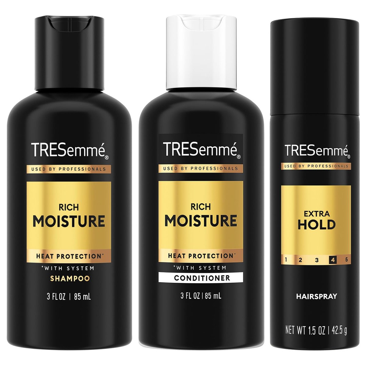TRESemmé Reiseset für die Haarpflege – Feuchtigkeitsshampoo, Spülung & Haarspray mit extra starkem Halt für Hitzeschutz & 24h Frizz-Kontrolle