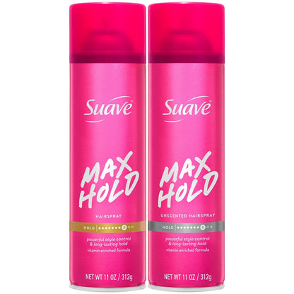 Suave Haarspray Max Hold Sortiment 2er-Pack, Duftneutral & Duftend – Aerosol-Haarspray, 330 ml (11 Oz) pro Dose