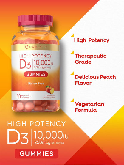 Carlyle Vitamin D3 10000 IE Gummis für Erwachsene | 80 Stück | Pfirsichgeschmack | Hochdosiert für Frauen & Männer | Vegetarisch, Nicht-GVO, Glutenfrei