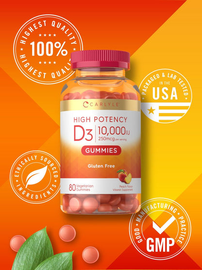 Carlyle Vitamin D3 10000 IE Gummis für Erwachsene | 80 Stück | Pfirsichgeschmack | Hochdosiert für Frauen & Männer | Vegetarisch, Nicht-GVO, Glutenfrei