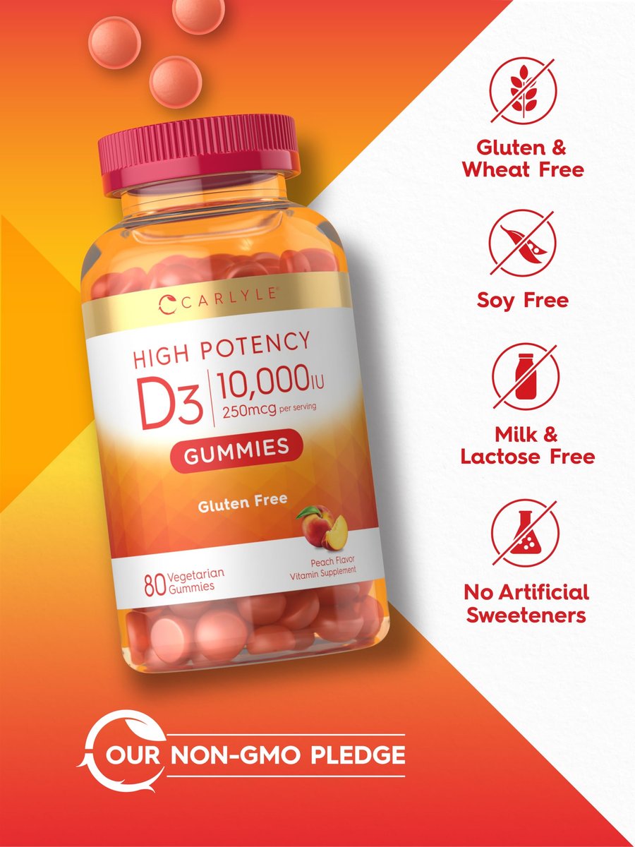 Carlyle Vitamin D3 10000 IE Gummis für Erwachsene | 80 Stück | Pfirsichgeschmack | Hochdosiert für Frauen & Männer | Vegetarisch, Nicht-GVO, Glutenfrei
