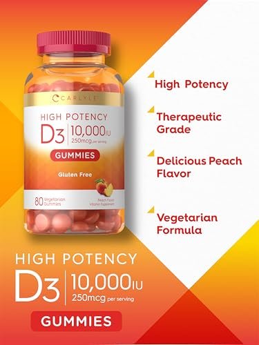 Carlyle Vitamin D3 10000 IE Gummis für Erwachsene | 80 Stück | Pfirsichgeschmack | Hochdosiert für Frauen & Männer | Vegetarisch, Nicht-GVO, Glutenfrei