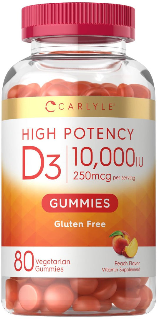 Carlyle Vitamin D3 10000 IE Gummis für Erwachsene | 80 Stück | Pfirsichgeschmack | Hochdosiert für Frauen & Männer | Vegetarisch, Nicht-GVO, Glutenfrei