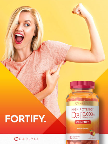 Carlyle Vitamin D3 10000 IE Gummis für Erwachsene | 80 Stück | Pfirsichgeschmack | Hochdosiert für Frauen & Männer | Vegetarisch, Nicht-GVO, Glutenfrei