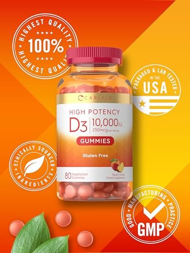 Carlyle Vitamin D3 10000 IE Gummis für Erwachsene | 80 Stück | Pfirsichgeschmack | Hochdosiert für Frauen & Männer | Vegetarisch, Nicht-GVO, Glutenfrei