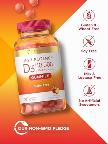 Carlyle Vitamin D3 10000 IE Gummis für Erwachsene | 80 Stück | Pfirsichgeschmack | Hochdosiert für Frauen & Männer | Vegetarisch, Nicht-GVO, Glutenfrei