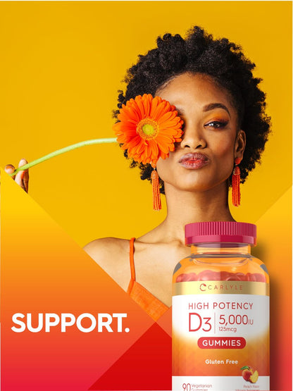 Carlyle Vitamin D3 Gummis | 5000 IE (125 µg) | 90 Stück | Hochdosiert für Erwachsene | Pfirsichgeschmack | Vegetarisch, Ohne Gentechnik, Glutenfrei