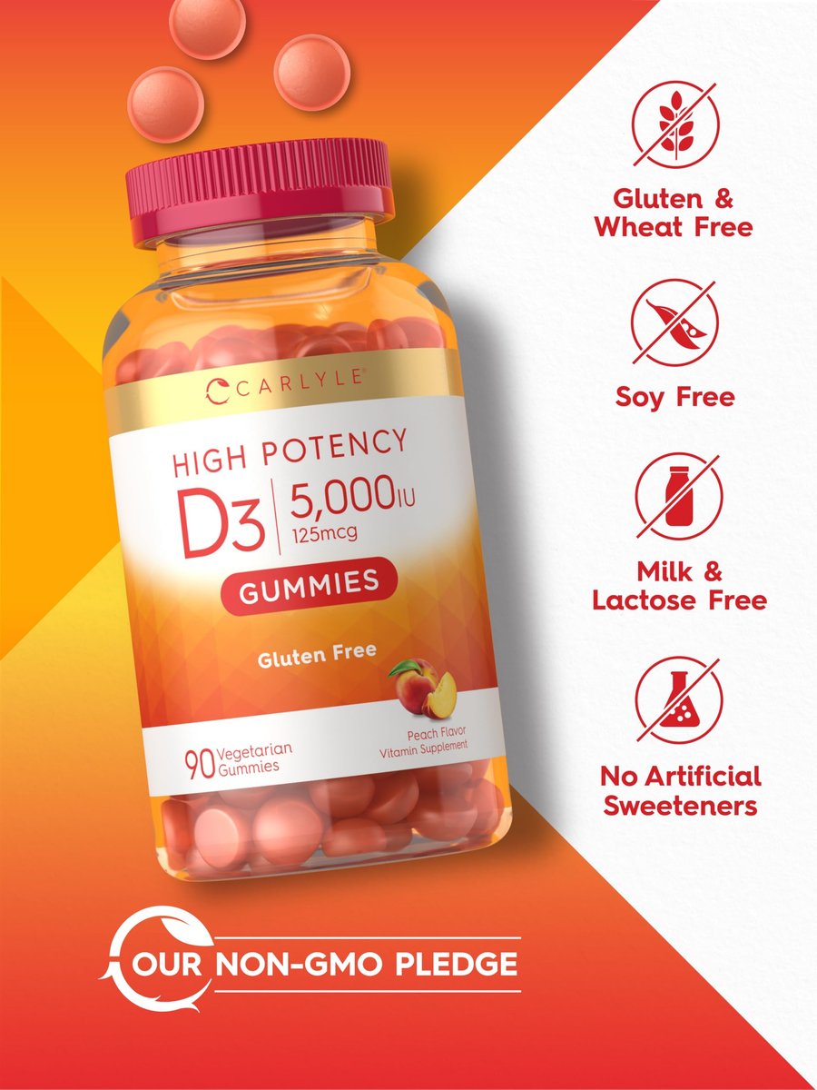 Carlyle Vitamin D3 Gummis | 5000 IE (125 µg) | 90 Stück | Hochdosiert für Erwachsene | Pfirsichgeschmack | Vegetarisch, Ohne Gentechnik, Glutenfrei