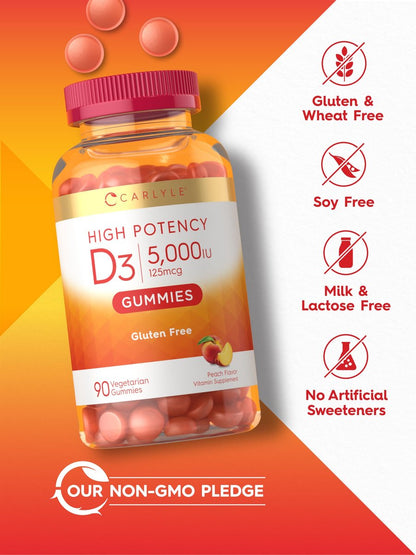 Carlyle Vitamin D3 Gummis | 5000 IE (125 µg) | 90 Stück | Hochdosiert für Erwachsene | Pfirsichgeschmack | Vegetarisch, Ohne Gentechnik, Glutenfrei
