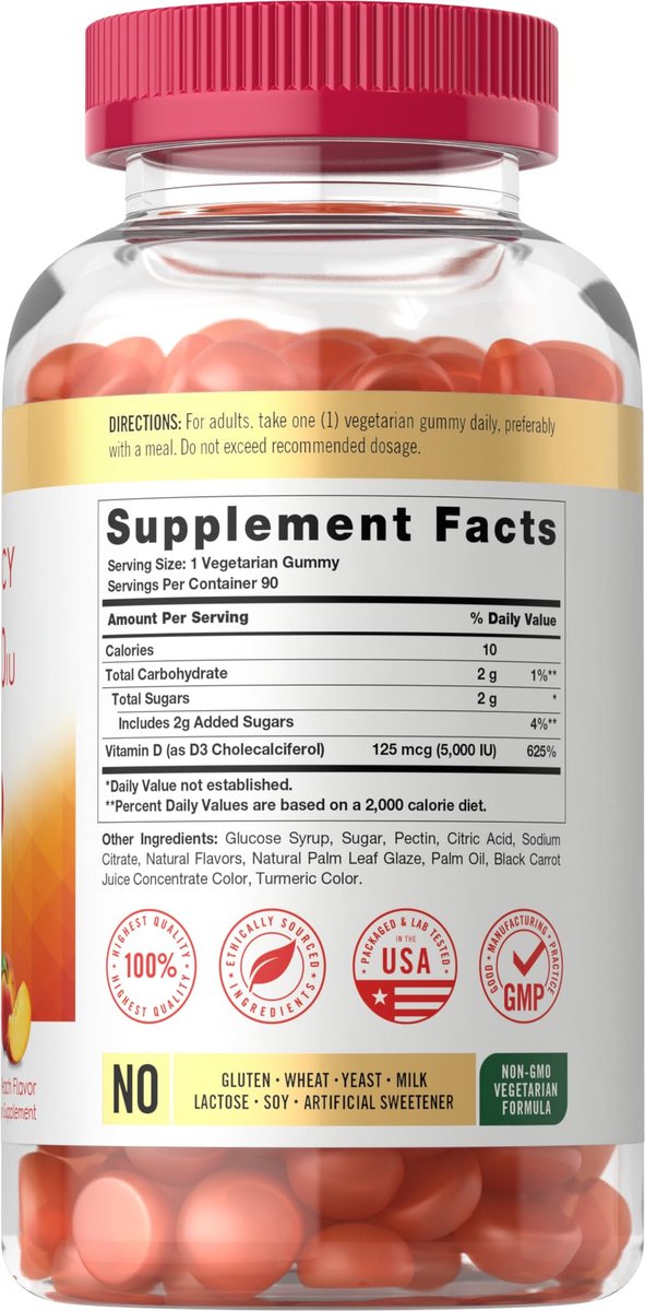 Carlyle Vitamin D3 Gummis | 5000 IE (125 µg) | 90 Stück | Hochdosiert für Erwachsene | Pfirsichgeschmack | Vegetarisch, Ohne Gentechnik, Glutenfrei