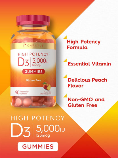 Carlyle Vitamin D3 Gummis | 5000 IE (125 µg) | 90 Stück | Hochdosiert für Erwachsene | Pfirsichgeschmack | Vegetarisch, Ohne Gentechnik, Glutenfrei