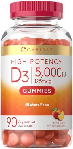 Carlyle Vitamin D3 Gummis | 5000 IE (125 µg) | 90 Stück | Hochdosiert für Erwachsene | Pfirsichgeschmack | Vegetarisch, Ohne Gentechnik, Glutenfrei