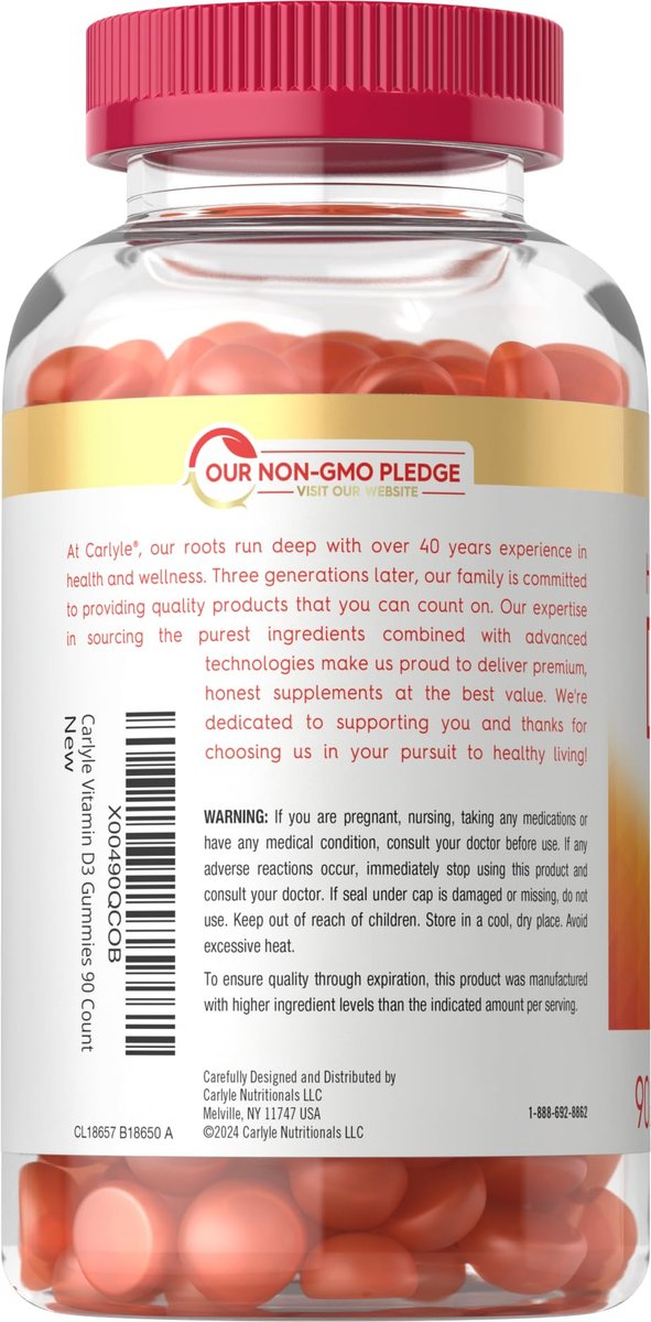 Carlyle Vitamin D3 Gummis | 5000 IE (125 µg) | 90 Stück | Hochdosiert für Erwachsene | Pfirsichgeschmack | Vegetarisch, Ohne Gentechnik, Glutenfrei