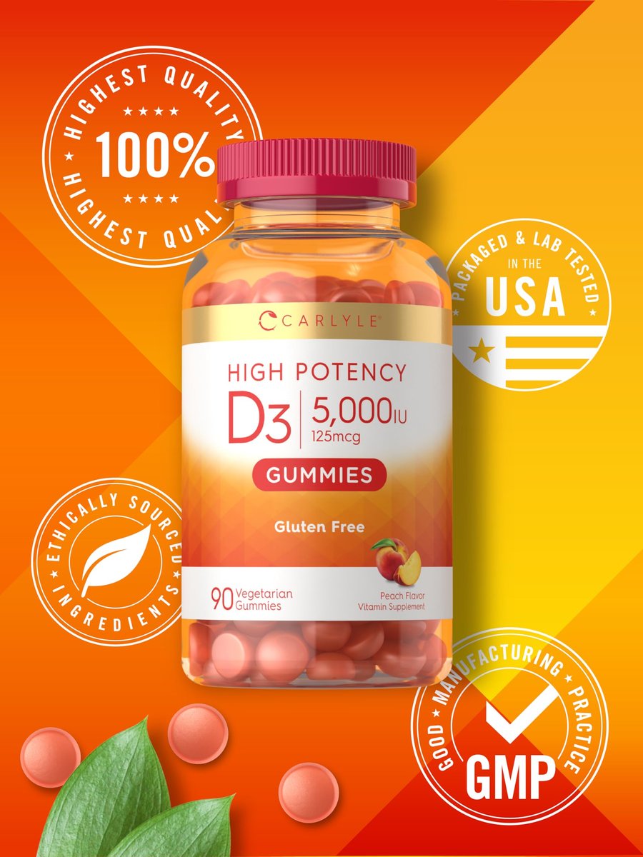 Carlyle Vitamin D3 Gummis | 5000 IE (125 µg) | 90 Stück | Hochdosiert für Erwachsene | Pfirsichgeschmack | Vegetarisch, Ohne Gentechnik, Glutenfrei