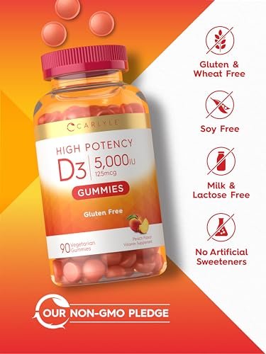 Carlyle Vitamin D3 Gummis | 5000 IE (125 µg) | 90 Stück | Hochdosiert für Erwachsene | Pfirsichgeschmack | Vegetarisch, Ohne Gentechnik, Glutenfrei