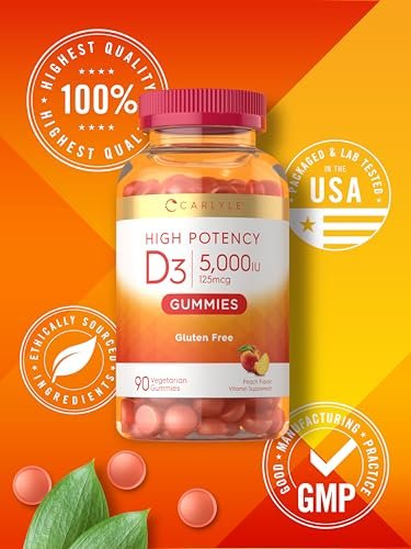 Carlyle Vitamin D3 Gummis | 5000 IE (125 µg) | 90 Stück | Hochdosiert für Erwachsene | Pfirsichgeschmack | Vegetarisch, Ohne Gentechnik, Glutenfrei