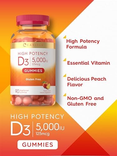Carlyle Vitamin D3 Gummis | 5000 IE (125 µg) | 90 Stück | Hochdosiert für Erwachsene | Pfirsichgeschmack | Vegetarisch, Ohne Gentechnik, Glutenfrei