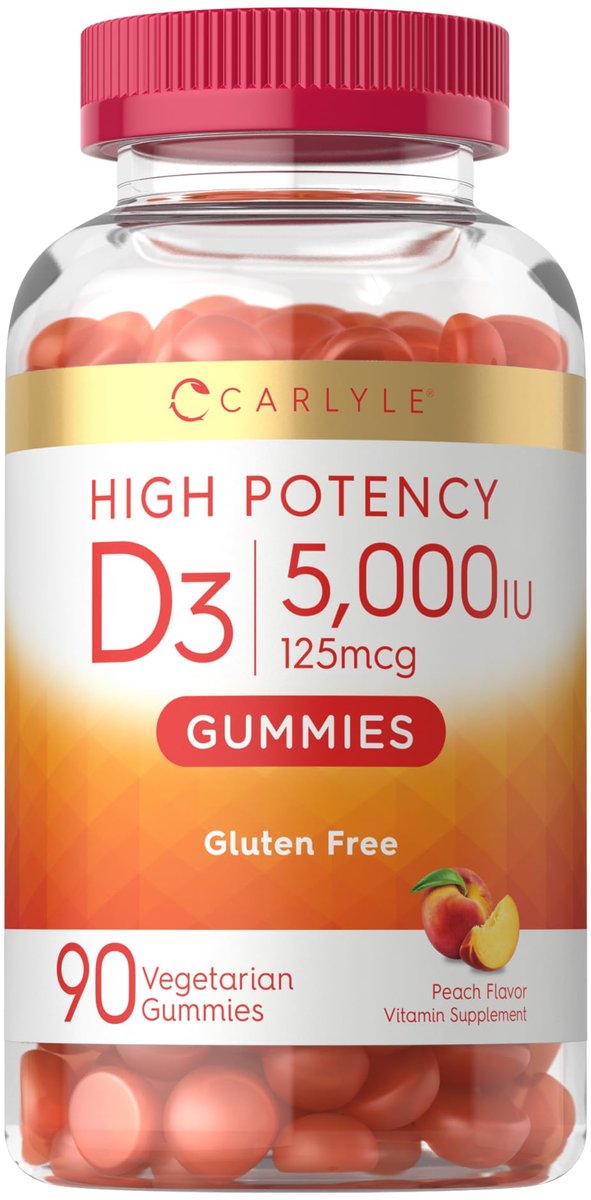 Carlyle Vitamin D3 Gummis | 5000 IE (125 µg) | 90 Stück | Hochdosiert für Erwachsene | Pfirsichgeschmack | Vegetarisch, Ohne Gentechnik, Glutenfrei