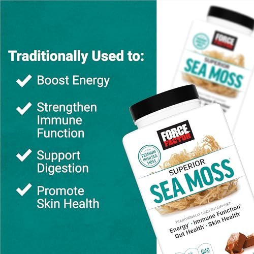 Force Factor Superior Sea Moss – Premium Irish Sea Moss zur Unterstützung von Energie, Immunfunktion, Darmgesundheit & Hautgesundheit, Nicht-GVO, Glutenfrei, Salz-Karamell-Geschmack, 60 weiche Kautabletten