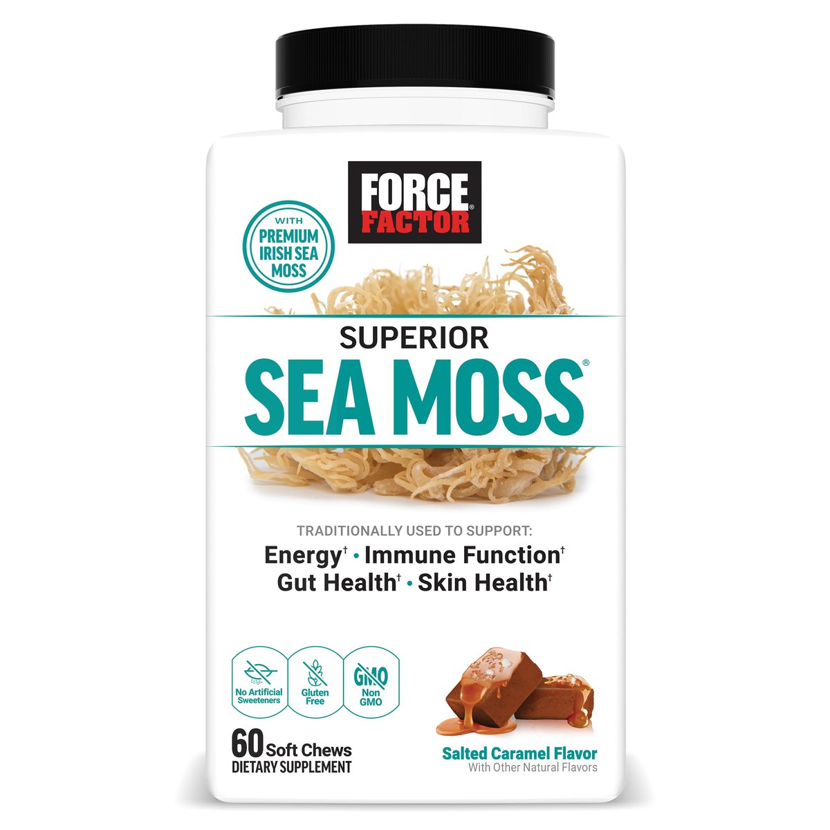 Force Factor Superior Sea Moss – Premium Irish Sea Moss zur Unterstützung von Energie, Immunfunktion, Darmgesundheit & Hautgesundheit, Nicht-GVO, Glutenfrei, Salz-Karamell-Geschmack, 60 weiche Kautabletten