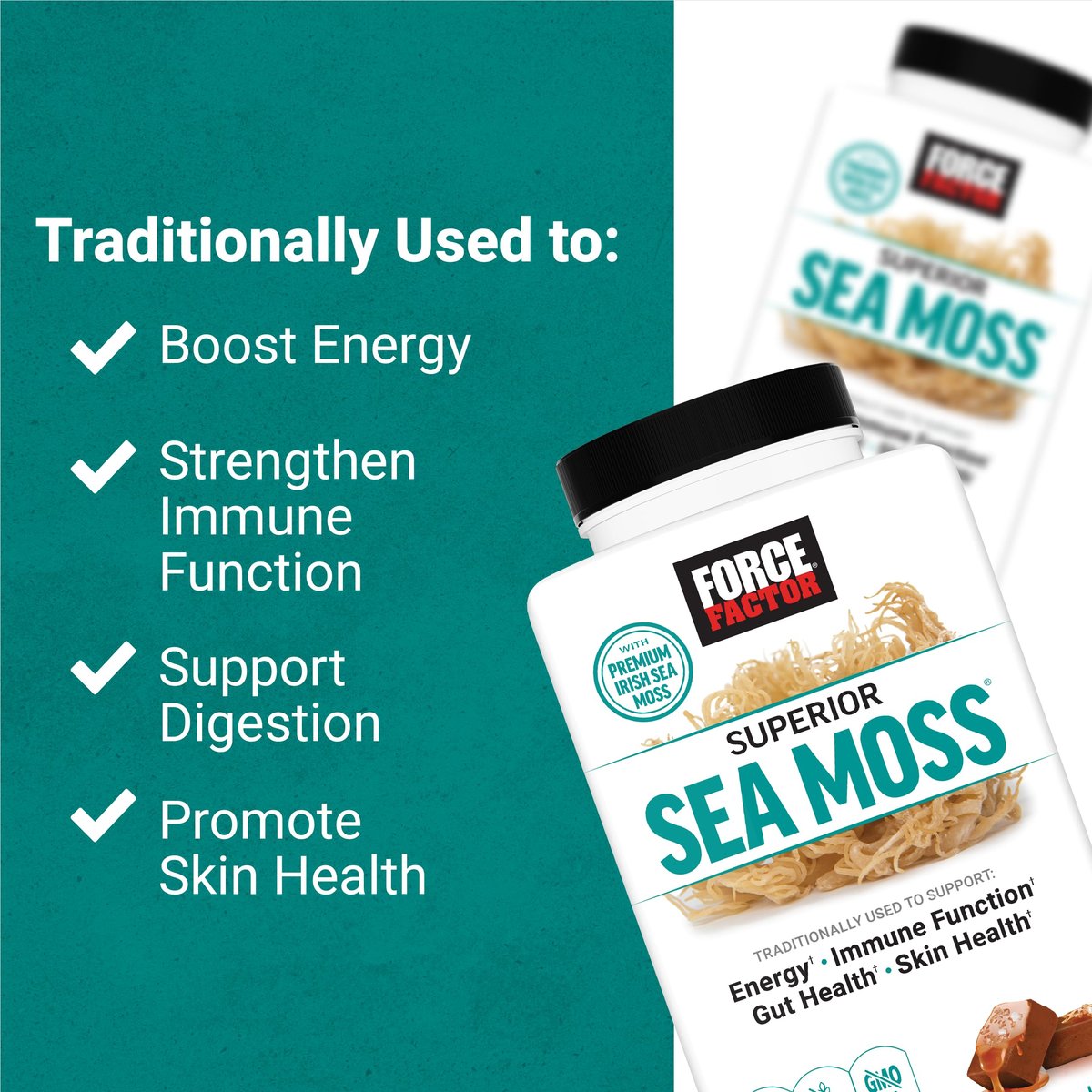 Force Factor Superior Sea Moss – Premium Irish Sea Moss zur Unterstützung von Energie, Immunfunktion, Darmgesundheit & Hautgesundheit, Nicht-GVO, Glutenfrei, Salz-Karamell-Geschmack, 60 weiche Kautabletten