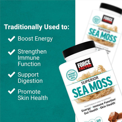 Force Factor Superior Sea Moss – Premium Irish Sea Moss zur Unterstützung von Energie, Immunfunktion, Darmgesundheit & Hautgesundheit, Nicht-GVO, Glutenfrei, Salz-Karamell-Geschmack, 60 weiche Kautabletten