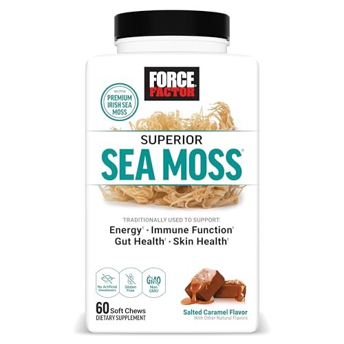 Force Factor Superior Sea Moss – Premium Irish Sea Moss zur Unterstützung von Energie, Immunfunktion, Darmgesundheit & Hautgesundheit, Nicht-GVO, Glutenfrei, Salz-Karamell-Geschmack, 60 weiche Kautabletten