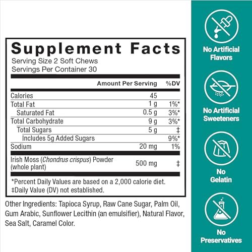Force Factor Superior Sea Moss – Premium Irish Sea Moss zur Unterstützung von Energie, Immunfunktion, Darmgesundheit & Hautgesundheit, Nicht-GVO, Glutenfrei, Salz-Karamell-Geschmack, 60 weiche Kautabletten
