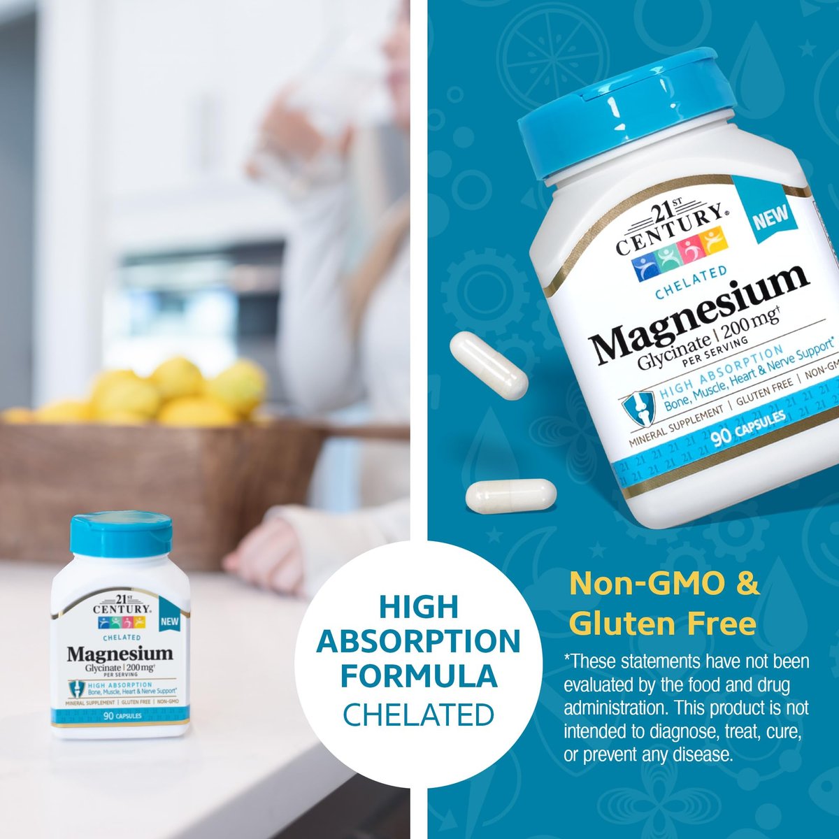 21st Century Magnesium Glycinat 200 mg Kapseln pro Portion, 90 Stück