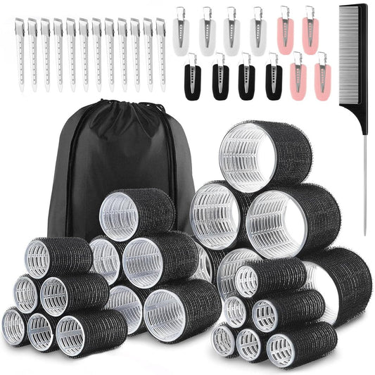 50-teiliges Lockenwickler-Set mit Selbsthaftung für lange, mittlere und kurze Haare – 6 Riesen + 6 Große + 6 Mittlere + 6 Kleine + Aufbewahrungstasche + 24 Haarklammern (4 Größen: 60, 45, 36, 25 mm)