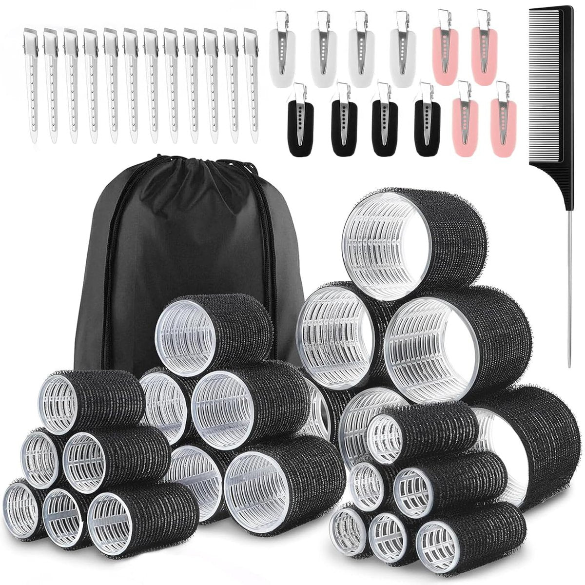 50-teiliges Lockenwickler-Set mit Selbsthaftung für lange, mittlere und kurze Haare – 6 Riesen + 6 Große + 6 Mittlere + 6 Kleine + Aufbewahrungstasche + 24 Haarklammern (4 Größen: 60, 45, 36, 25 mm)