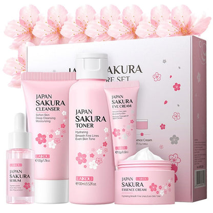 Sakura Hautpflege-Set für Teenager-Mädchen und Frauen, 5-teiliges Reiseset mit Reiniger, Toner, Serum, Augencreme, Gesichtscreme