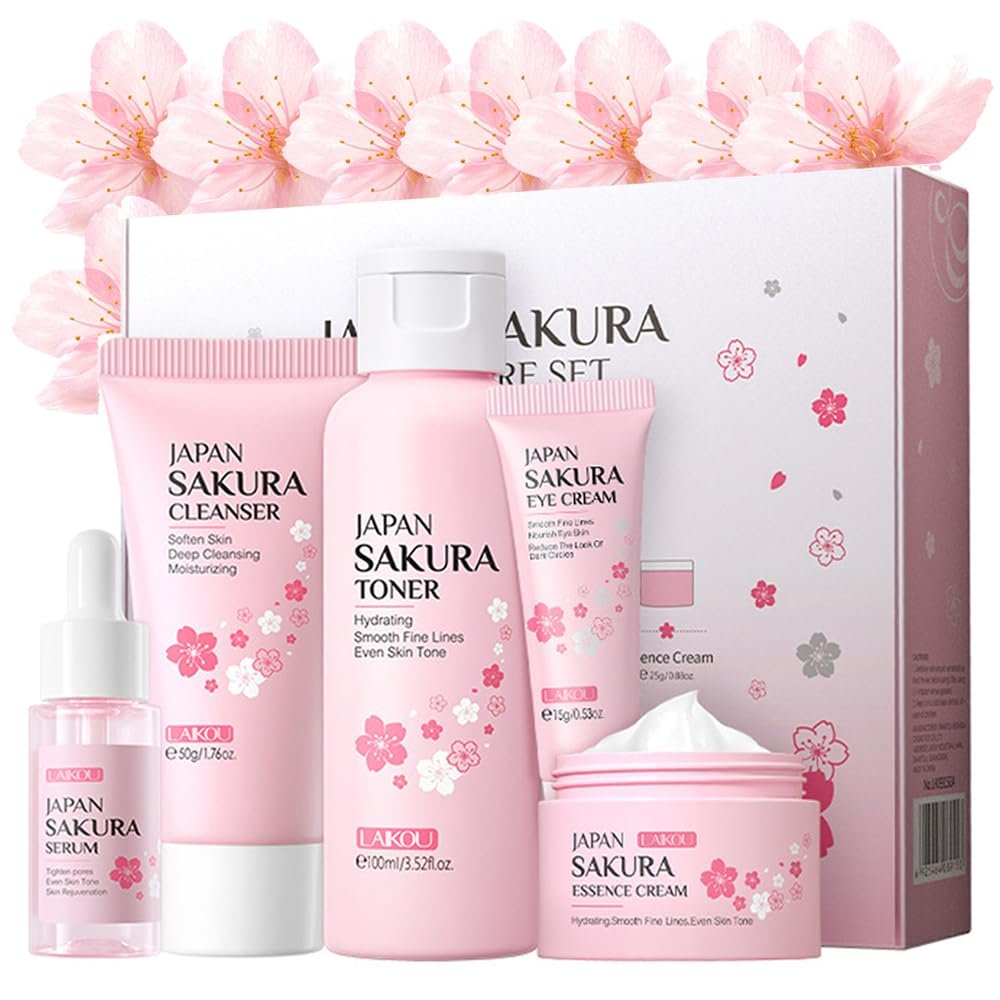 Sakura Hautpflege-Set für Teenager-Mädchen und Frauen, 5-teiliges Reiseset mit Reiniger, Toner, Serum, Augencreme, Gesichtscreme