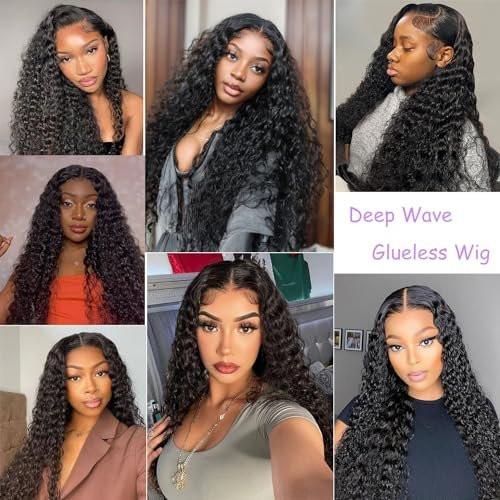 Bugtum Klebefreie Perücken Echthaar Vorgekämmt Vorgeschnitten 5x5 HD Spitze Closure Wear and Go Deep Wave Lockige Spitzenperücken für Schwarze Frauen Nass und Wellig Natürlicher Haaransatz (24 Zoll)