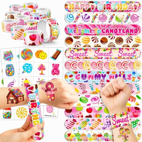 72-teiliges Candyland-Party-Set: 48 temporäre Tattoos & 24 Slap-Armbänder – Süßigkeiten-Themen-Partyzubehör für Kindergeburtstag, Babyparty-Geschenke, Klassenzimmer-Belohnungen & Partydekorationen für Jungen & Mädchen