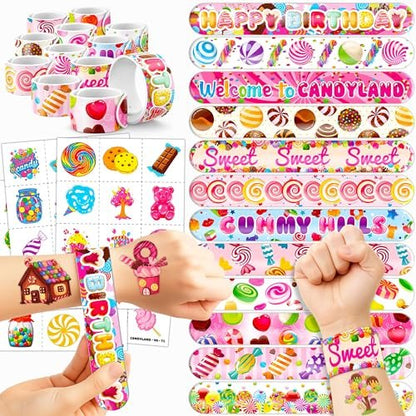 72-teiliges Candyland-Party-Set: 48 temporäre Tattoos & 24 Slap-Armbänder – Süßigkeiten-Themen-Partyzubehör für Kindergeburtstag, Babyparty-Geschenke, Klassenzimmer-Belohnungen & Partydekorationen für Jungen & Mädchen