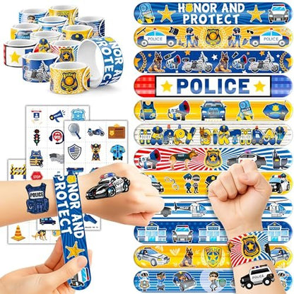 Cherisnowy Polizei Party Set – 72-teilig: 48 Temporäre Tattoos & 24 Klatscharmbänder – Strafverfolgungs-Motto Geburtstagszubehör, Geschenke zur Babyparty, Klassenbelohnungen & Deko für Kinder (Jungen & Mädchen)